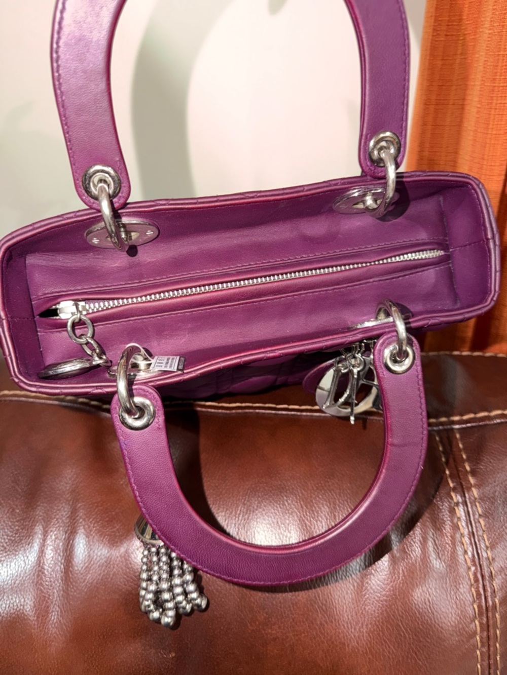 ‼️Authentic Christian Dior Lady Dior Cannage Medium Plum Leather Satchel Bag - Picture 12 of 16
